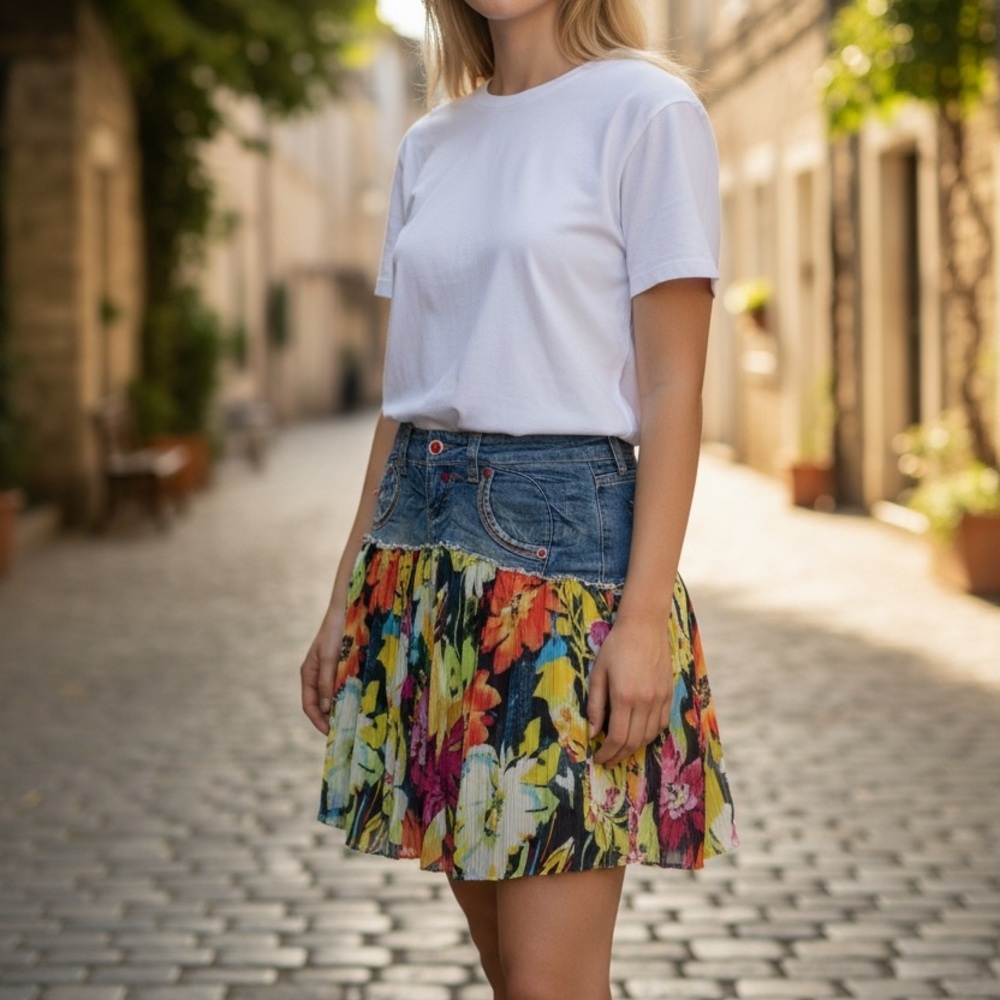 CASH Denim Floral Pleated Skirt Boho Patchwork Festival Gypsy Style Skirt W26